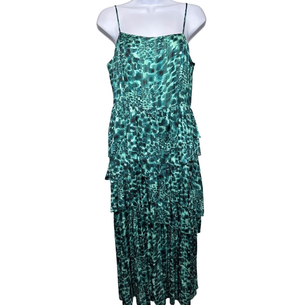 WHISTLES Green Animal Print Tiered Maxi Dress Sz 8 Metallic Cocktail-Chic Boho